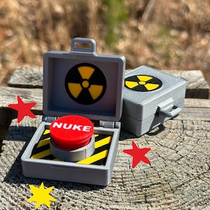 May include: A gray, suitcase-shaped box with a yellow and black radiation symbol on the lid. The box is open and a red button with the word "NUKE" is visible. The box is sitting on a wooden surface with yellow and red stars.