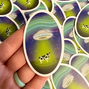 Cow Alien Abduction Sticker | Flying Saucer | UFO Sticker | Aurora Borealis Sticker