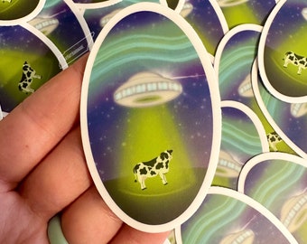 Cow Alien Abduction Sticker | Flying Saucer | UFO Sticker | Aurora Borealis Sticker