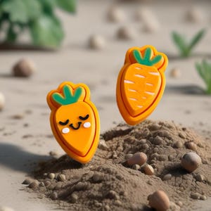 May include: Two orange carrot-shaped charms with green tops and white eyes. One carrot has a smiling face and the other has a simple design. The charms are on a pile of brown sand.