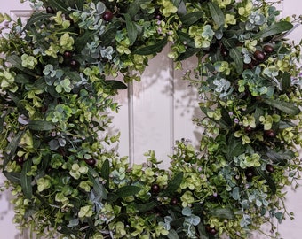 Eucalyptus and olive wreath, Best seller, Front door wreath, Farmhouse, year round, home decor, spring, summer wreath, gift idea wreath