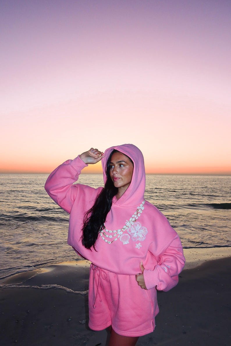 Hibiscus Pink Tropical Embroider Hoodie