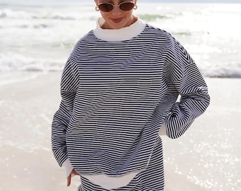 Dark Navy Blue and White Big Striped Mockneck Sweatshirt