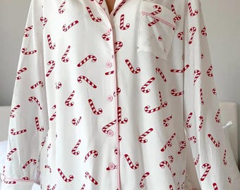 Candy Cane Holiday Christmas Long Sleeve Button Up Pajama Top