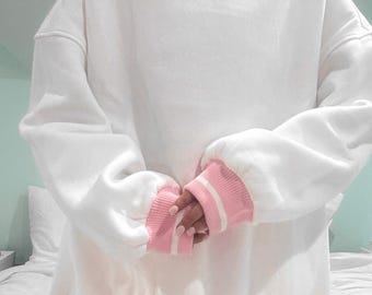 Blank White And Pink Preppy Crew Sweatshirt