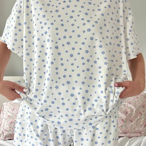 White Lilo Blue Floral Short Sleeve Pajama Top