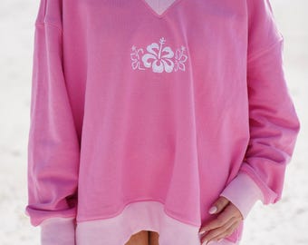 Pink And Light Pink Embroider Hibiscus Flower V-Neck Sweatshirt