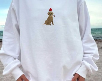 Witte kerst hond kerstmuts geborduurd mockneck sweater 100% katoen