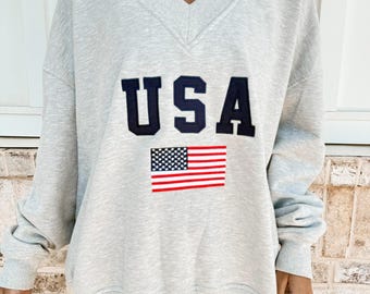 Afternoon Grey USA Flag Embroider V-Neck Sweatshirt