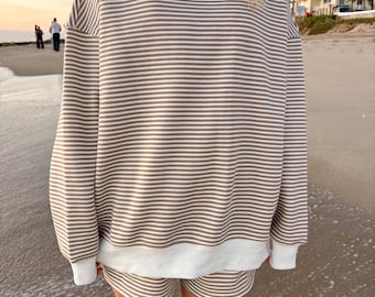 Brown and White Big Striped Mockneck Sweatshirt