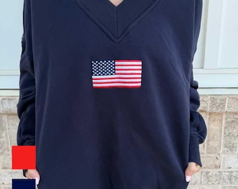 American Flag Embroider V-Neck Sweatshirt