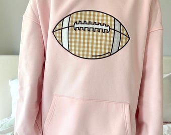 Light Pink Game Day Gingham Football Embroider Hoodie
