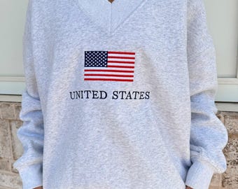 Pearl Grey United States Flag Embroider V-Neck Sweatshirt