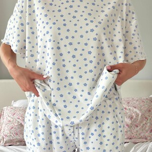White Lilo Blue Floral Short Sleeve Pajama Top