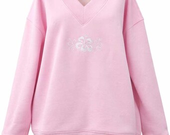 Soft Light Pink V-Neck Embroider Hibiscus Flower Sweatshirt