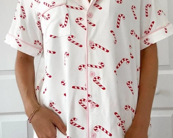 Candy Cane Holiday Christmas Short Sleeve Button Up Pajama Top