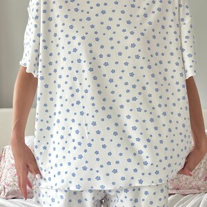White Lilo Blue Floral Short Sleeve Pajama Top