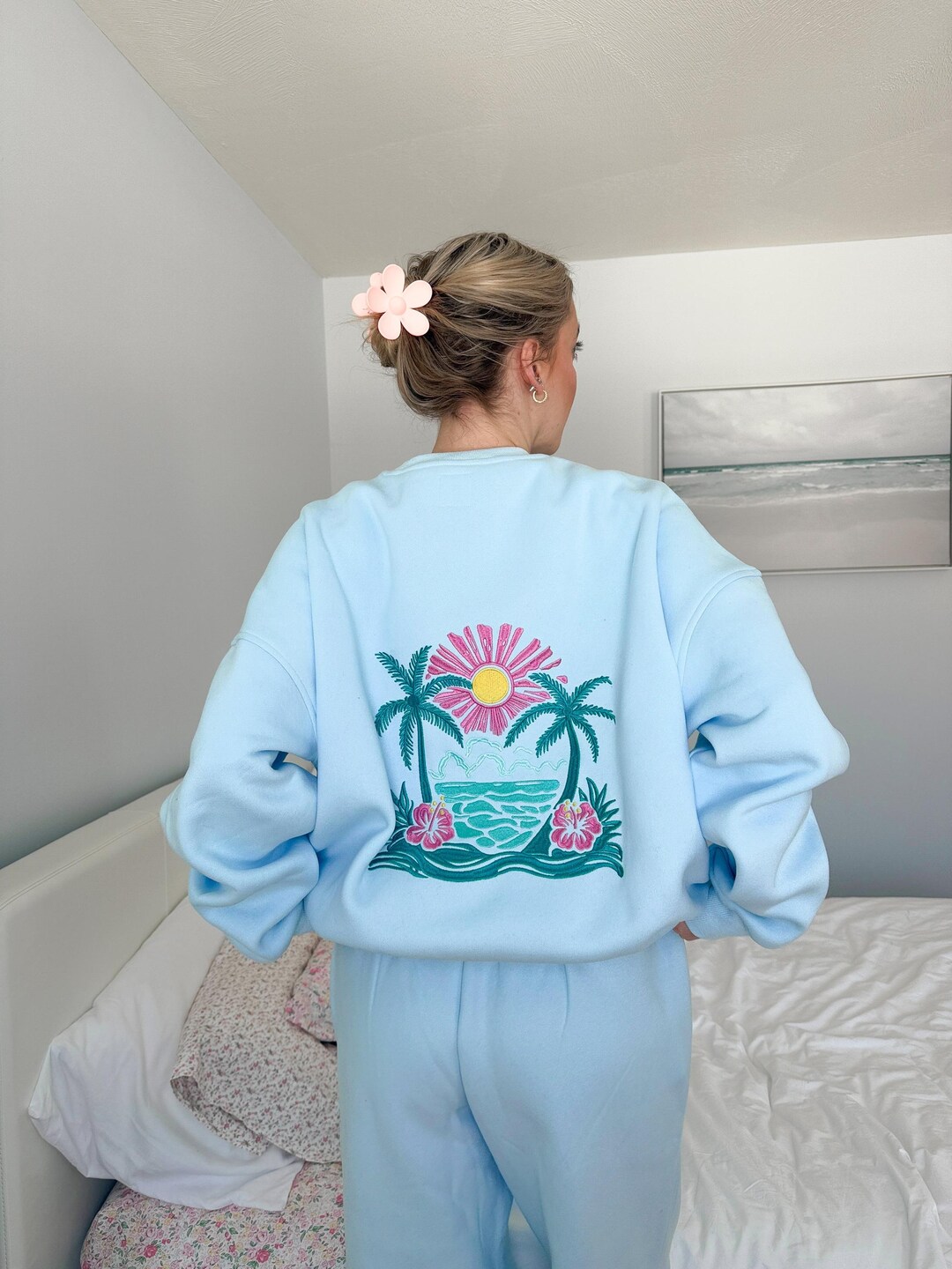 Icy Blue Hibiscus Flower Beach Babe Embroider Sweatshirt - Etsy