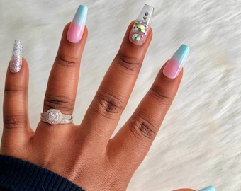 Aqua Pink Ombré Press On Nails – Rhinestone Coffin Nails, 24pc Set