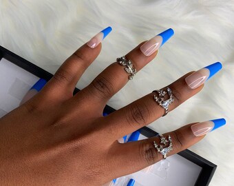 Blue French Tip Press On Nails - Long Coffin Sky Set, 24 Pcs