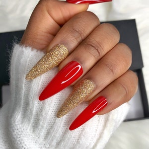 Love Set - Red and Gold Glitter Long Stiletto Press on Nails
