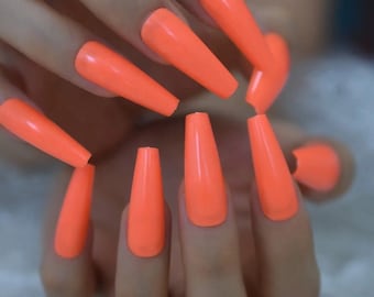 Neon Orange Coffin Press On Nails - 24pc Glossy Long Set