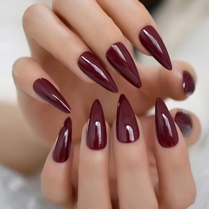 Burgundy  Stiletto Press on Nails - Medium Maroon  Red  Stick on Nails