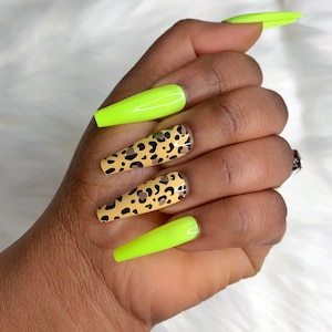 Cheetah Set - Neon Green Glossy Leopard Print Press on Nails - Cheetah Print Stick on Nails