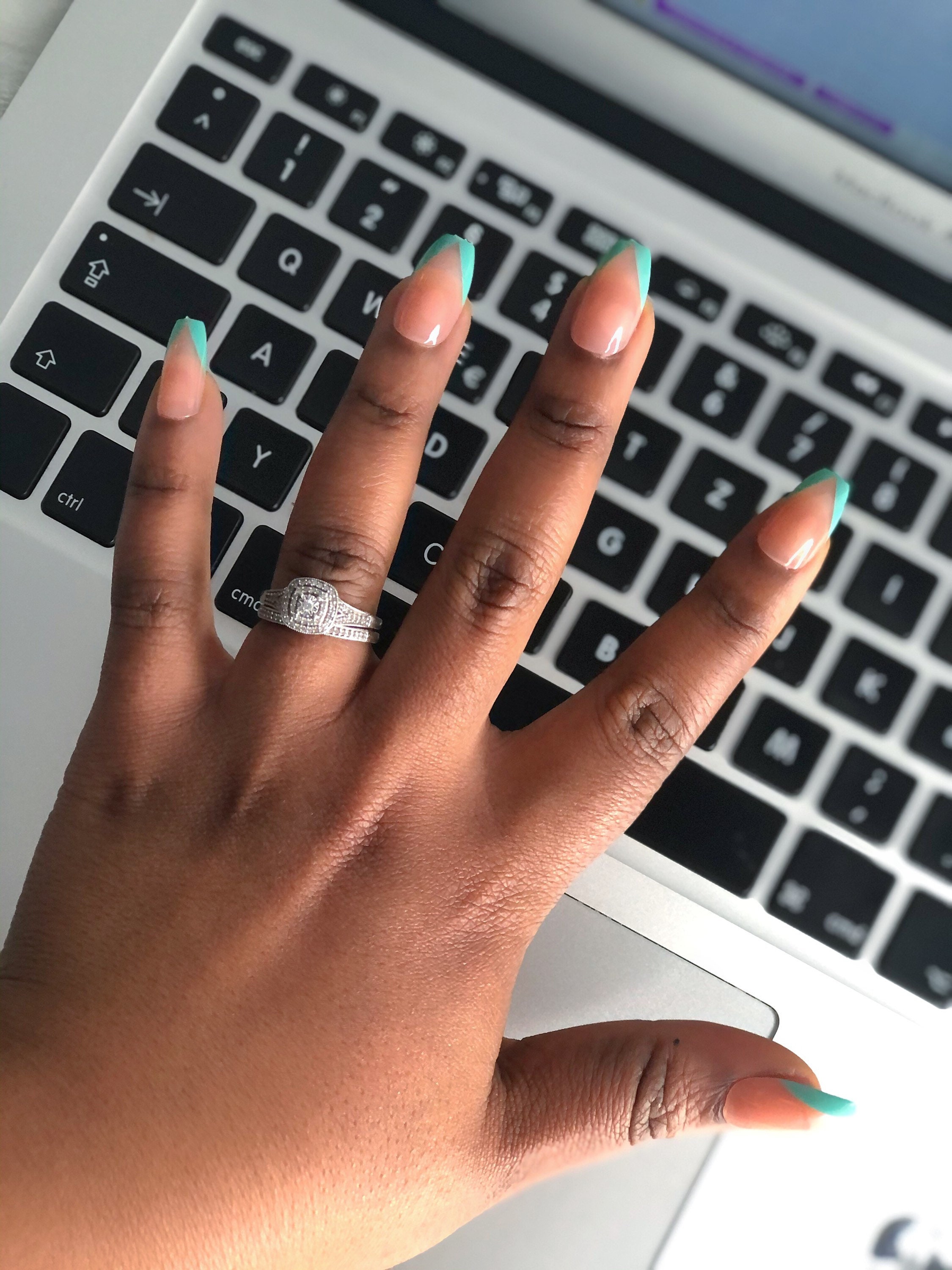 Green V Shape Short Coffin Nude Press On Nails French Tip Etsy