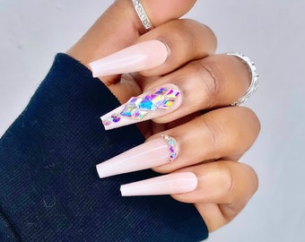 Long Coffin Ombre Press On Nails | Rhinestone French Tip
