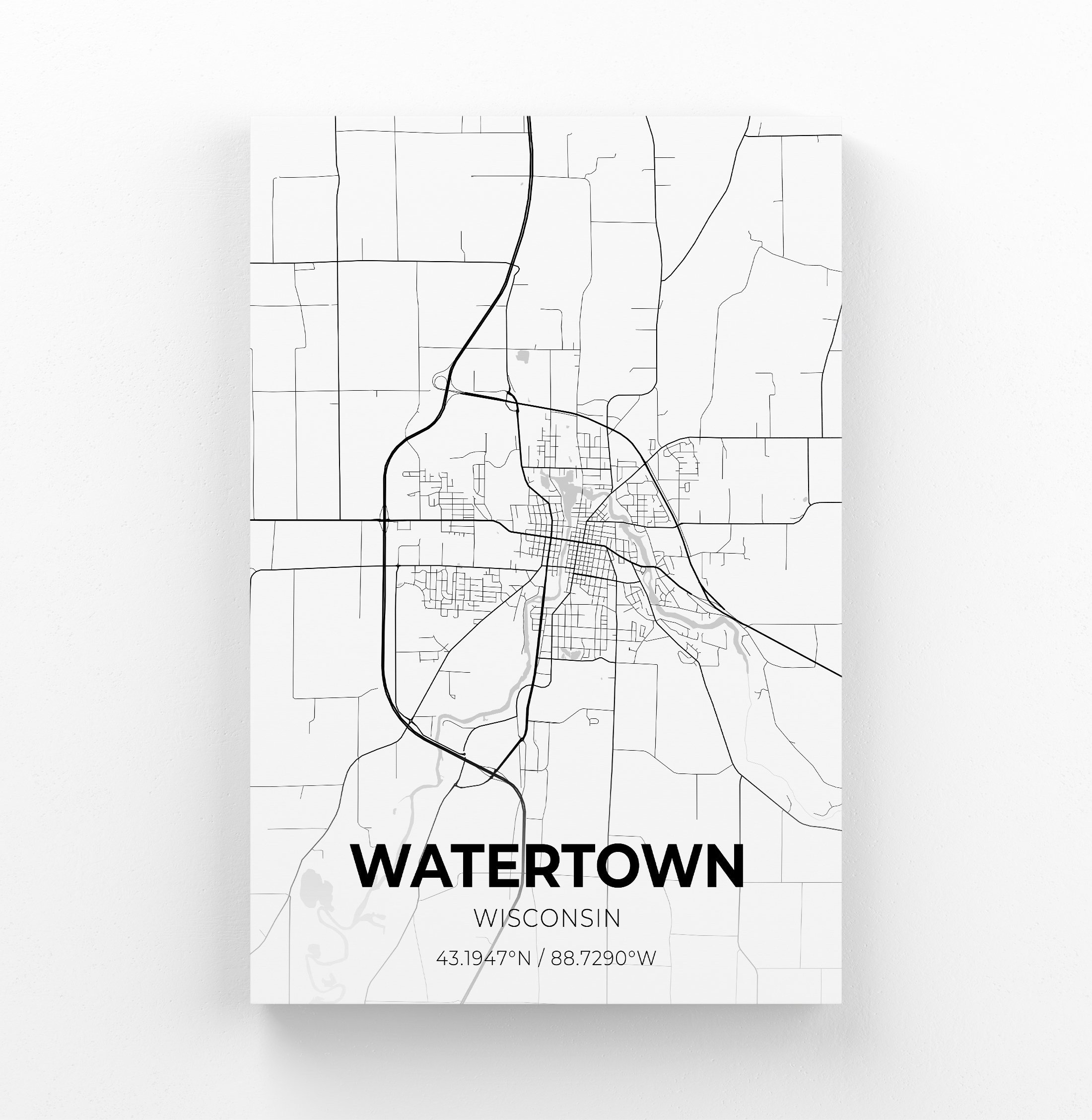 Watertown Wisconsin City Map Canvas Art / City Map Art / City Etsy
