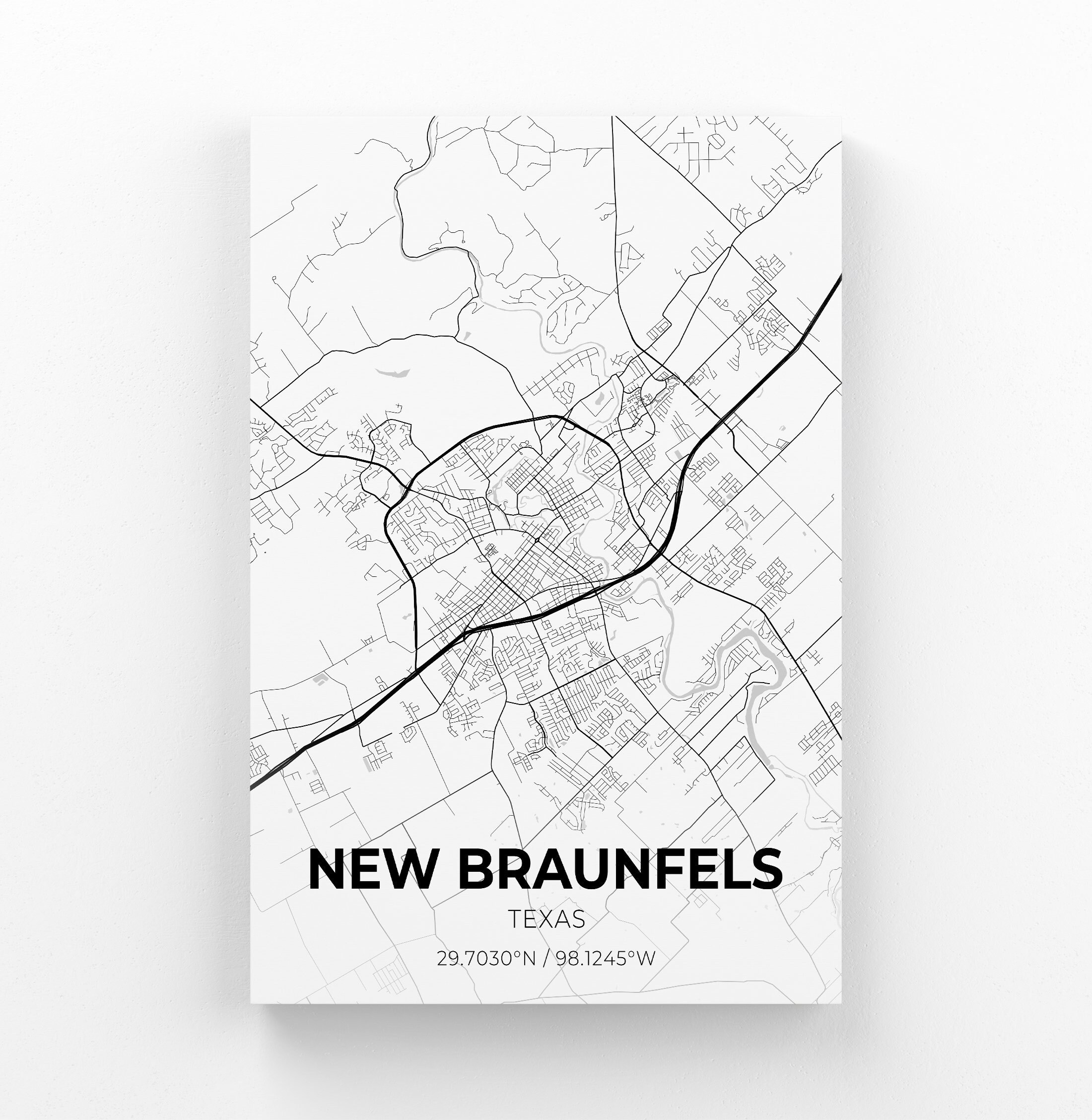 Neue Braunfels Texas Stadt Karte Leinwand Kunst / Stadtplan | Etsy