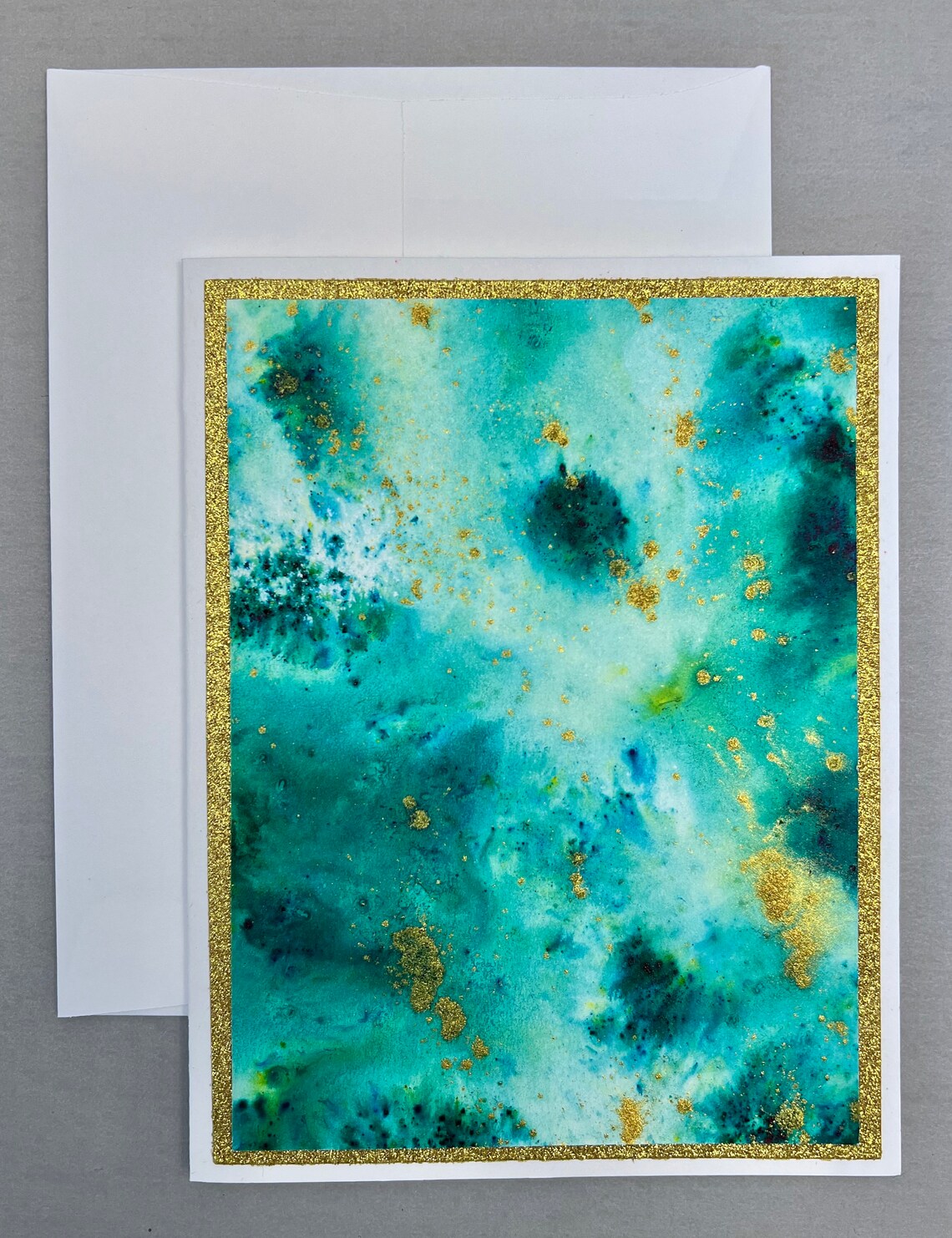 Watercolor Note Cards Sea Green and Gold Hand Painted Blank Etsy
