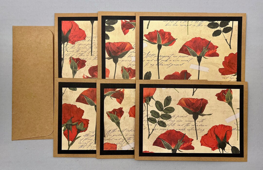 Pressed Flower Note Cards Red Roses 6 Blank Kraft Paper Etsy