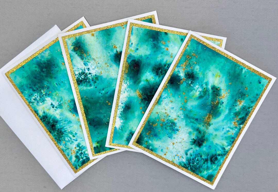 Watercolor Note Cards Sea Green and Gold Hand Painted Blank Etsy