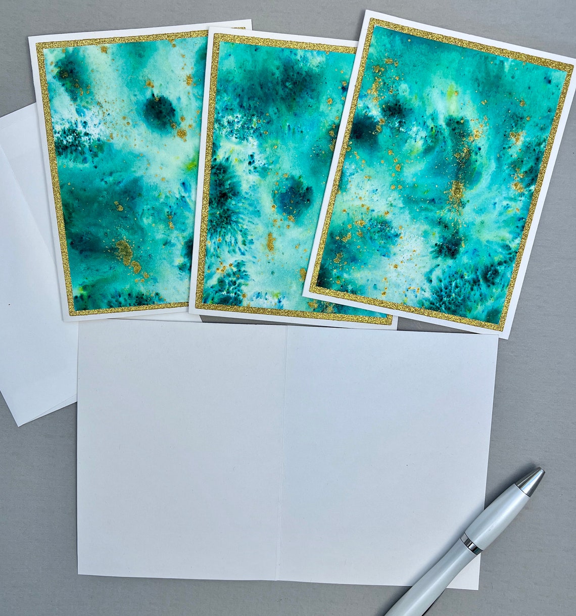 Watercolor Note Cards Sea Green and Gold Hand Painted Blank Etsy