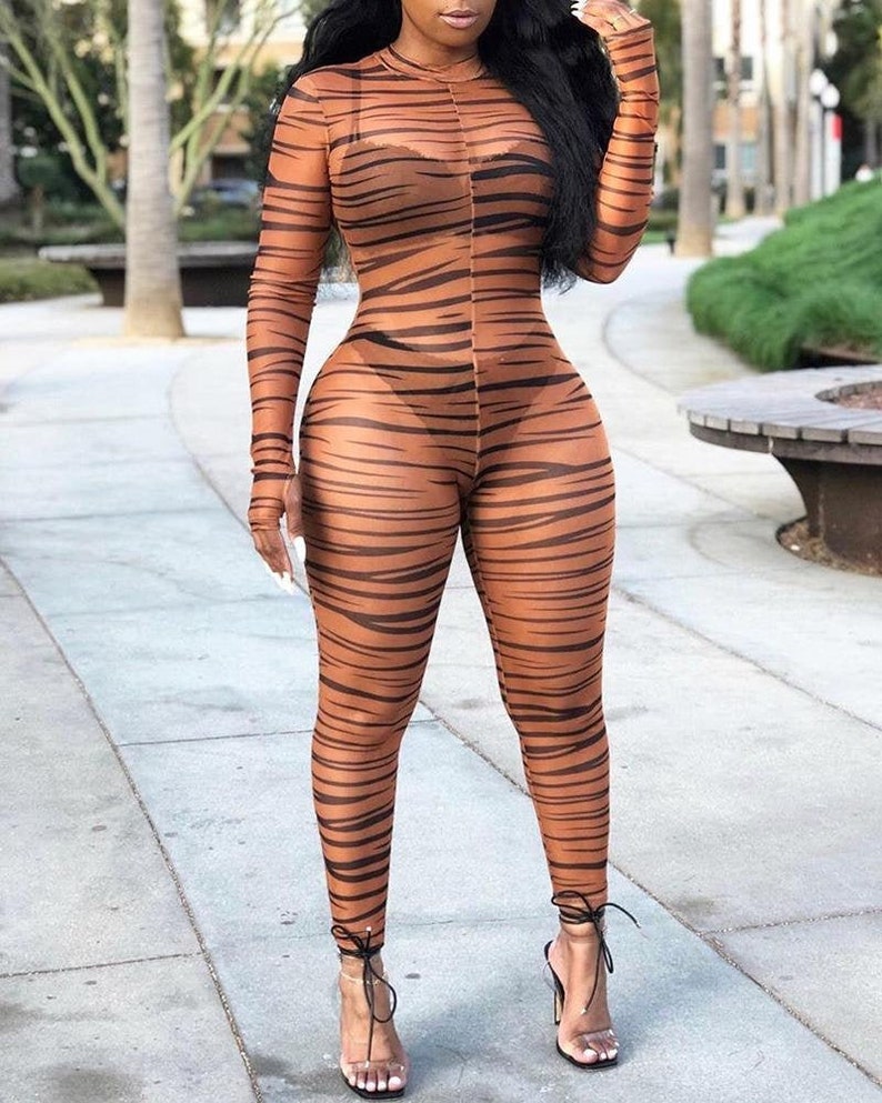 Mock Neck Zebra Print Sheer Mesh Jumpsuit