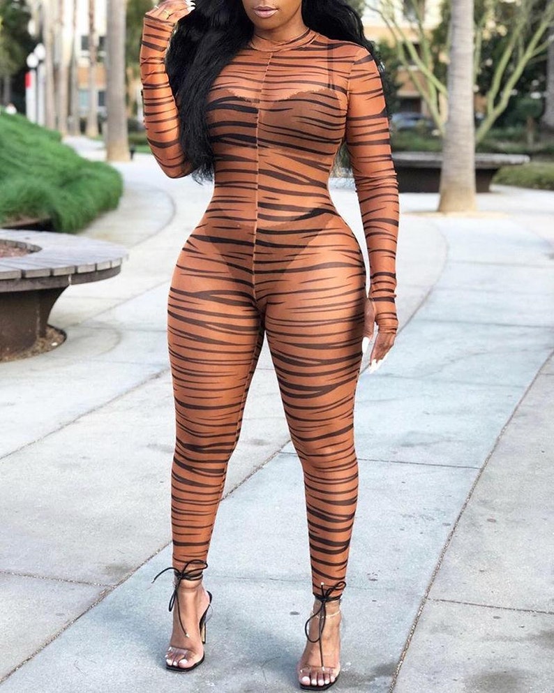 Mock Neck Zebra Print Sheer Mesh Jumpsuit