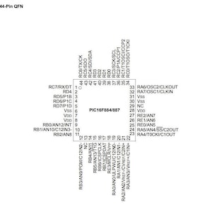 Peut inclure: Un schéma en noir et blanc d'une puce de microcontrôleur PIC16F884/887 avec des étiquettes de broches et des descriptions. La puce a 44 broches et est étiquetée avec le texte "PIC16F884/887".