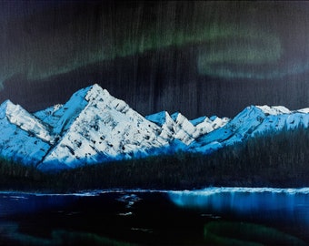 Pintura a óleo da aurora boreal sobre o Alasca - Impressão em tela (24" x 36")