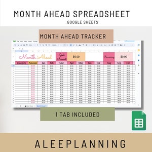 May include: A Google Sheets spreadsheet template for tracking monthly finances. The spreadsheet has columns for category, amount, and each month of the year. The spreadsheet also includes a goal amount and remaining amount.