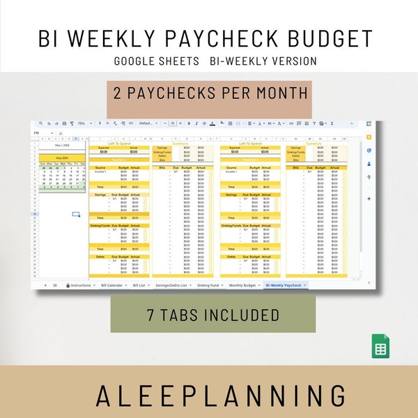 BiWeekly Budget Spreadsheet Google Sheets Yellow Budget Template Paycheck Breakdown Simple Budget By Paycheck Semi Monthly Beginner Budget