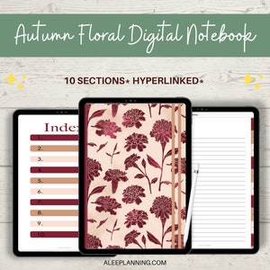 May include: A digital notebook with a floral design featuring burgundy flowers on a cream background. The notebook has 10 sections and is hyperlinked. The text "Index" is visible on the left side of the image. The text "ALEEPLANNING.COM" is visible at the bottom of the image.