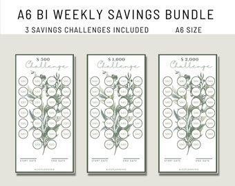 May include: Three printable A6 size savings challenge cards with a green leafy design. The cards are for saving $500, $1,000, and $2,000. Each card has a grid of circles with dollar amounts to track savings progress.