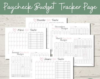 Puede incluir: Páginas de seguimiento de presupuesto imprimibles con un diseño de corazón rosa. Las páginas incluyen secciones para el seguimiento de facturas, cheques de pago y gastos mensuales. El texto "Paycheck Budget Tracker Page" está en la parte superior de la imagen.