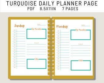 Turquoise Daily Planner Printable | Daily Schedule | Hourly Planner Printable | PDF| Daily Planner Sheets| Everyday Planner| Blue Planner