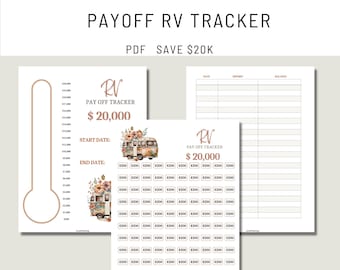 Può includere: Un tracker di pagamento RV stampabile con un design floreale. Il tracker include una barra di avanzamento a forma di termometro, una sezione per registrare date, depositi e saldi e una griglia per tracciare i pagamenti di € 200. Il testo "PAYOFF RV TRACKER" e "PDF SAVE € 20K" è in cima alla pagina.