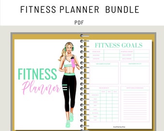 May include: A printable fitness planner bundle in PDF format. The cover features a woman in workout clothes holding a water bottle. The planner includes sections for fitness goals, measurements, and motivation.