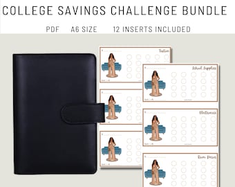 May include: A black A6 size planner with a snap closure, paired with several savings challenge inserts. The inserts feature illustrations and categories like tuition, school supplies, electronics, and room decor. The text "COLLEGE SAVINGS CHALLENGE BUNDLE" is at the top.