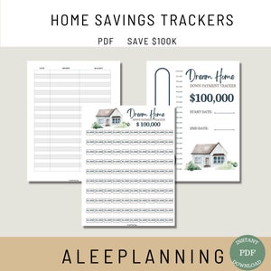 Może przedstawiać: Drukowany tracker oszczędności na dom z akwarelową ilustracją domu. Tracker został zaprojektowany, aby pomóc Ci zaoszczędzić 100 000 € na zaliczkę na dom. Zawiera sekcję do śledzenia postępów w oszczędzaniu i sekcję do śledzenia wydatków.